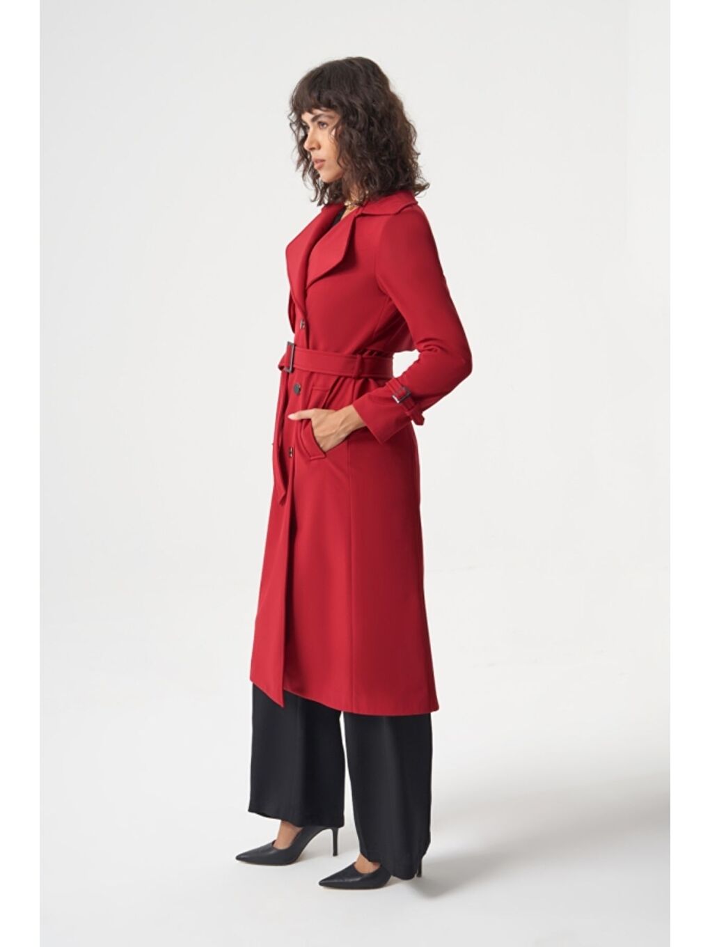 MZL Premium Kırmızı Uzun Trenç Kaşe Kaban-2