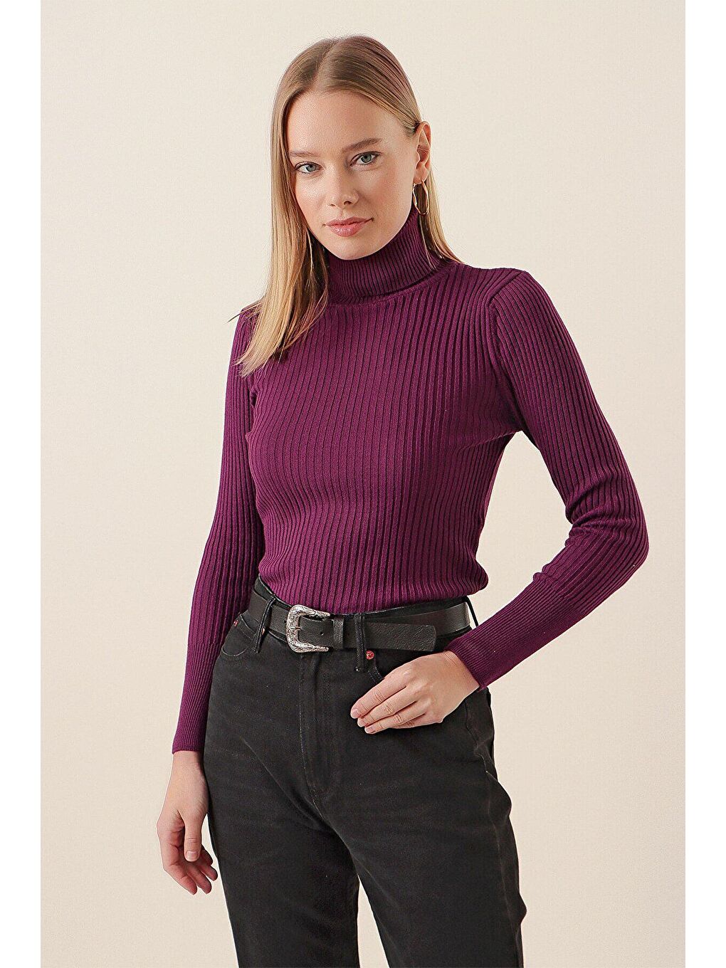 Kadın Mürdüm Boğazlı Fitilli Triko Balıkçı Yaka Kazak HZL22W-BD1445001-1