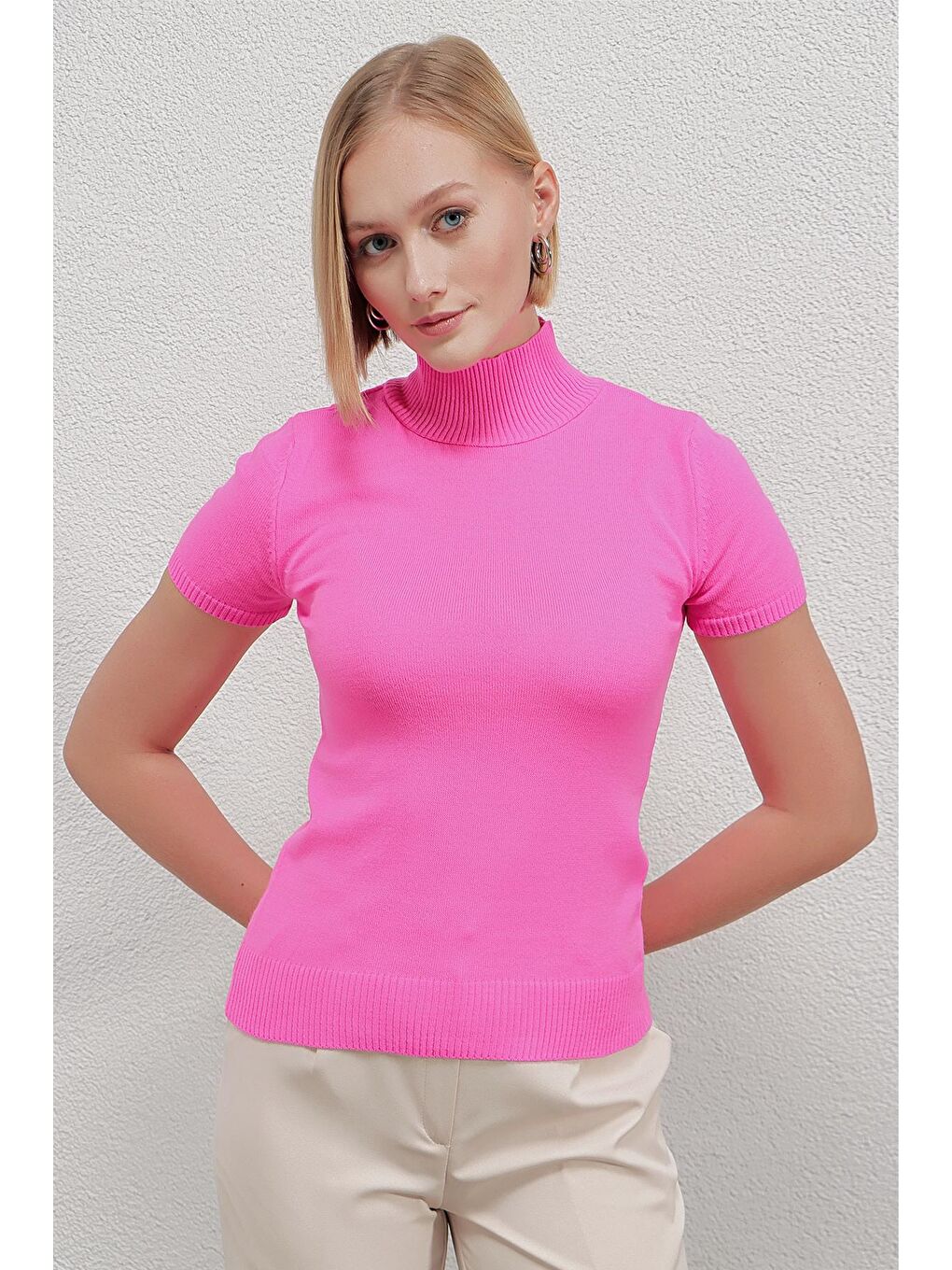 Kadın Koyu Pembe Balıkçı Yaka Kısa Kollu Boğazlı Triko Kazak HZL23W-BD1101051-3