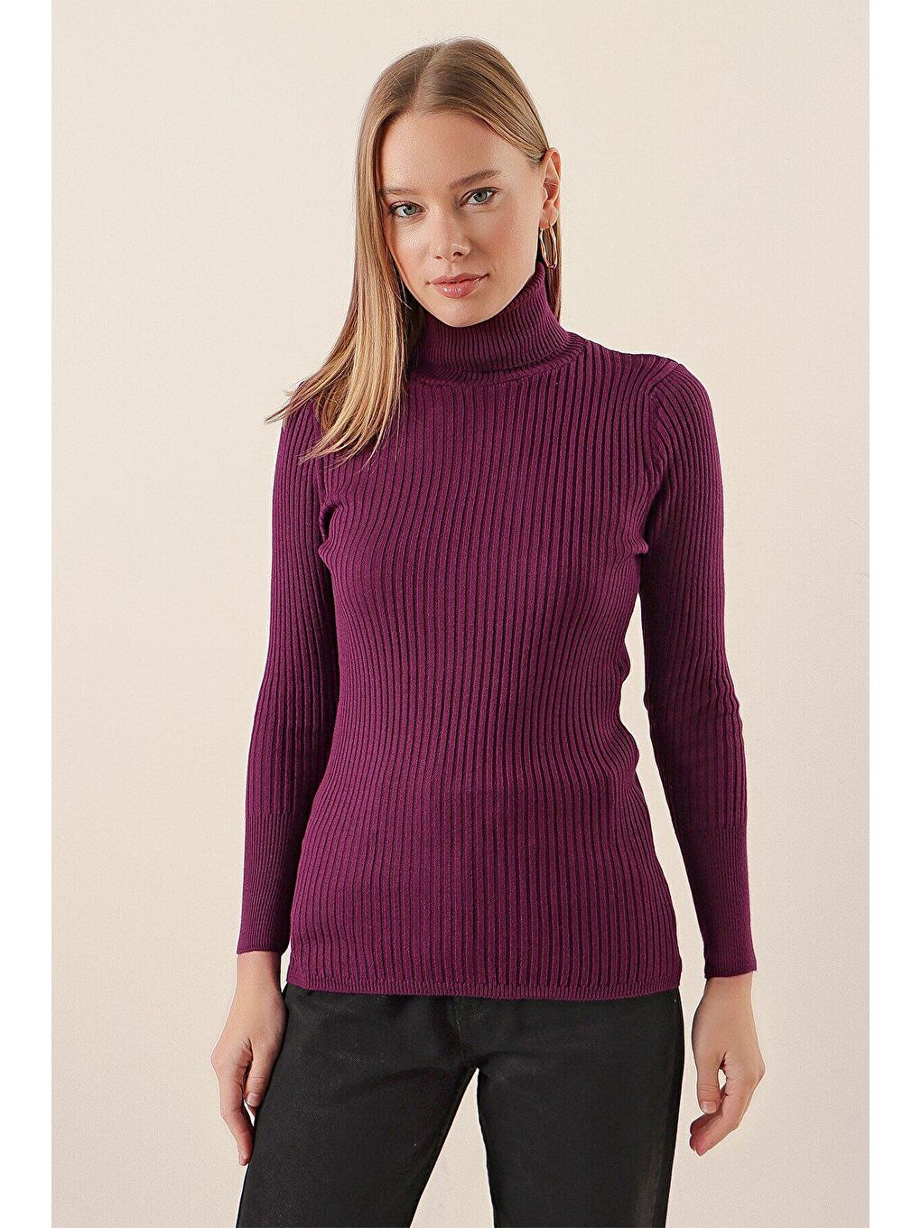 Kadın Mürdüm Boğazlı Fitilli Triko Balıkçı Yaka Kazak HZL22W-BD1445001-2