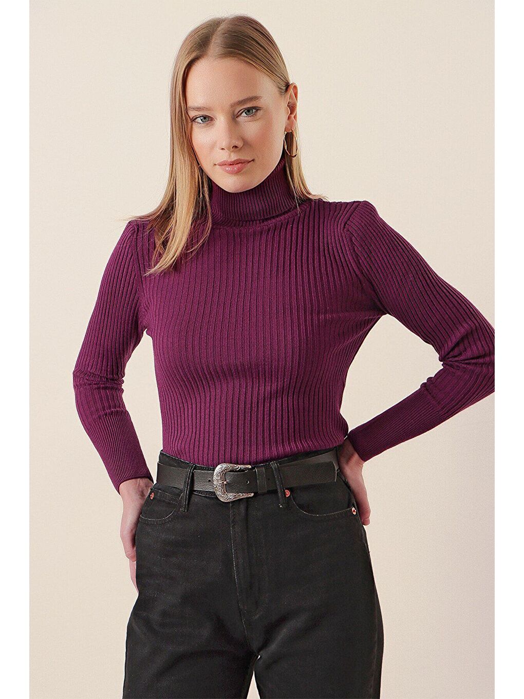 Kadın Mürdüm Boğazlı Fitilli Triko Balıkçı Yaka Kazak HZL22W-BD1445001-3