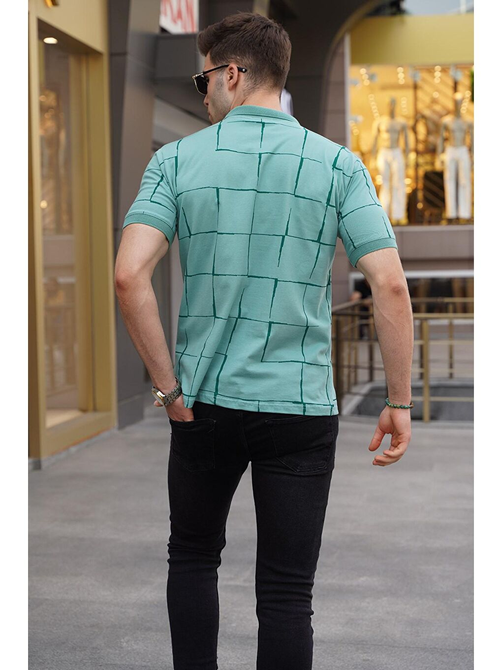 Mint Yeşili Desenli Polo Yaka Tişört 5887-1