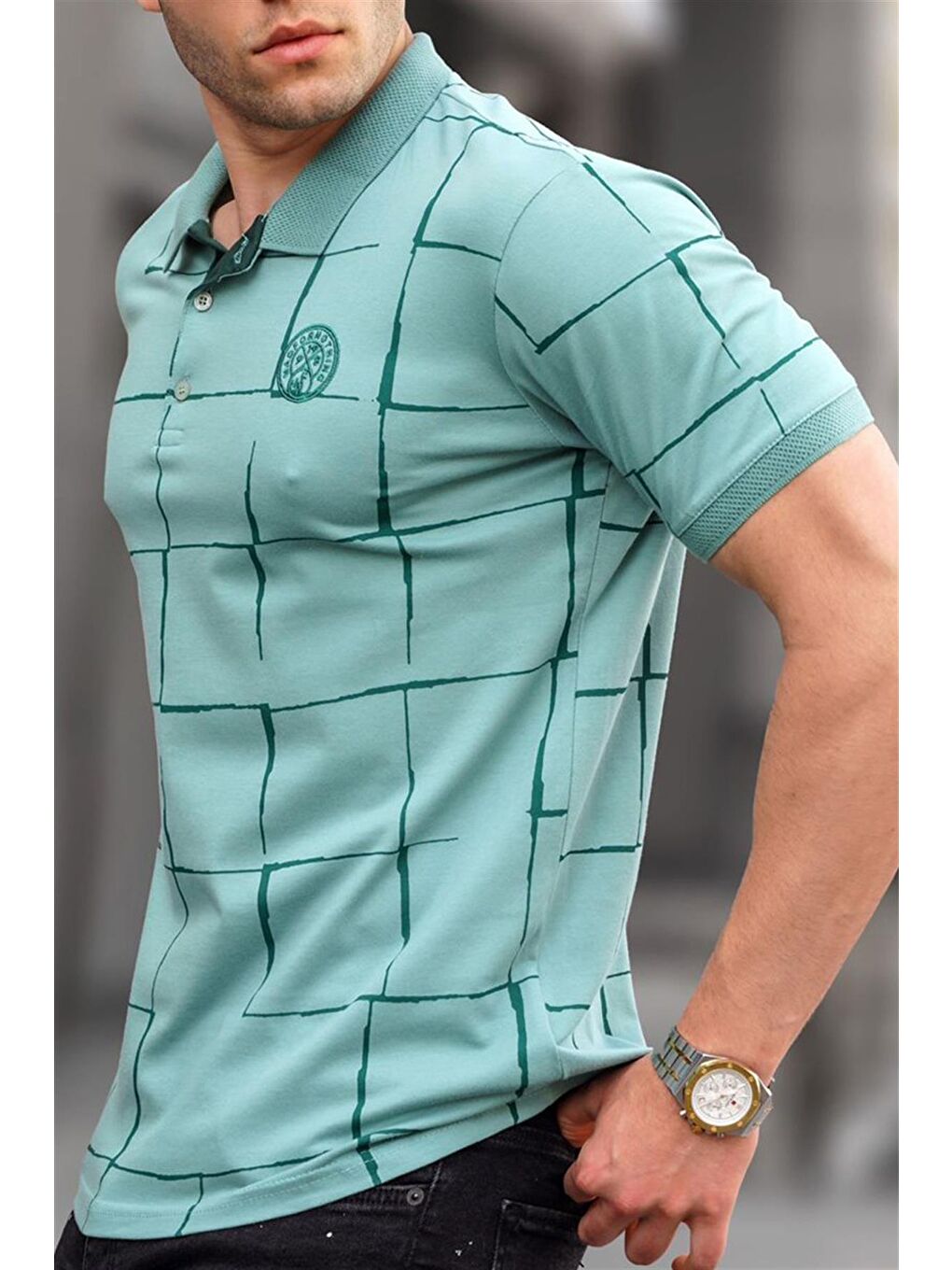 Mint Yeşili Desenli Polo Yaka Tişört 5887-2