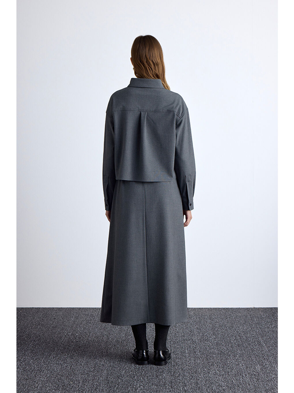 Karışık Dökümlü Crop Gömlek Gri-5