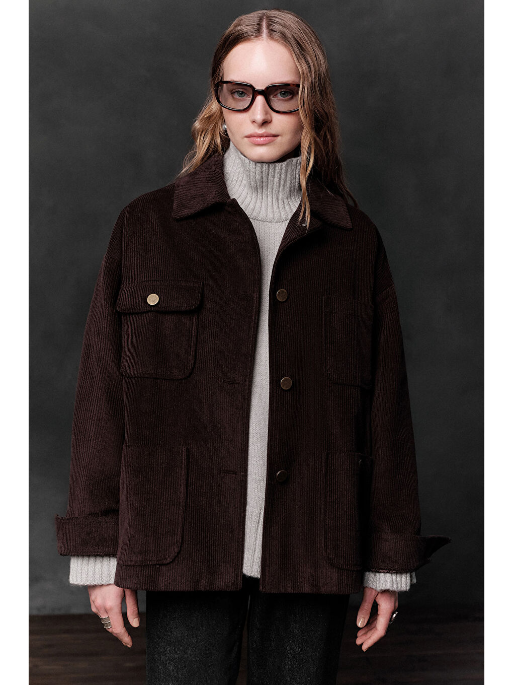 Kahverengi Fitilli Kadife Oversize Ceket Acı Kahve