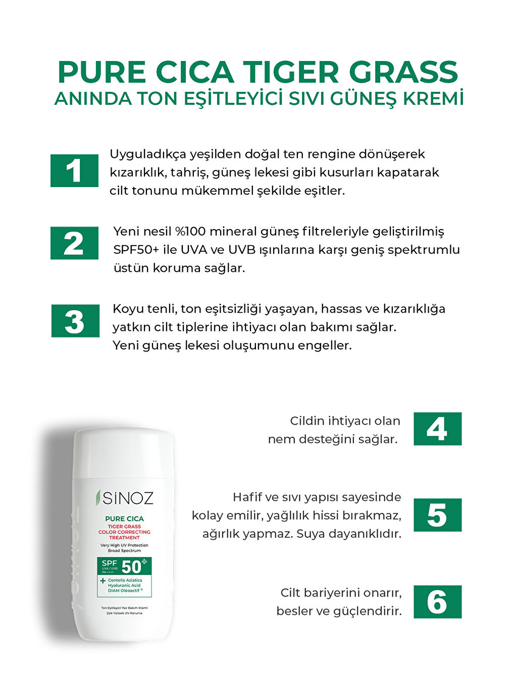 Pure Cica Tiger Grass Anında Ton Eşitleyici Onarıcı Nemlendirici Spf50 Sıvı Yüz Güneş Kremi-1