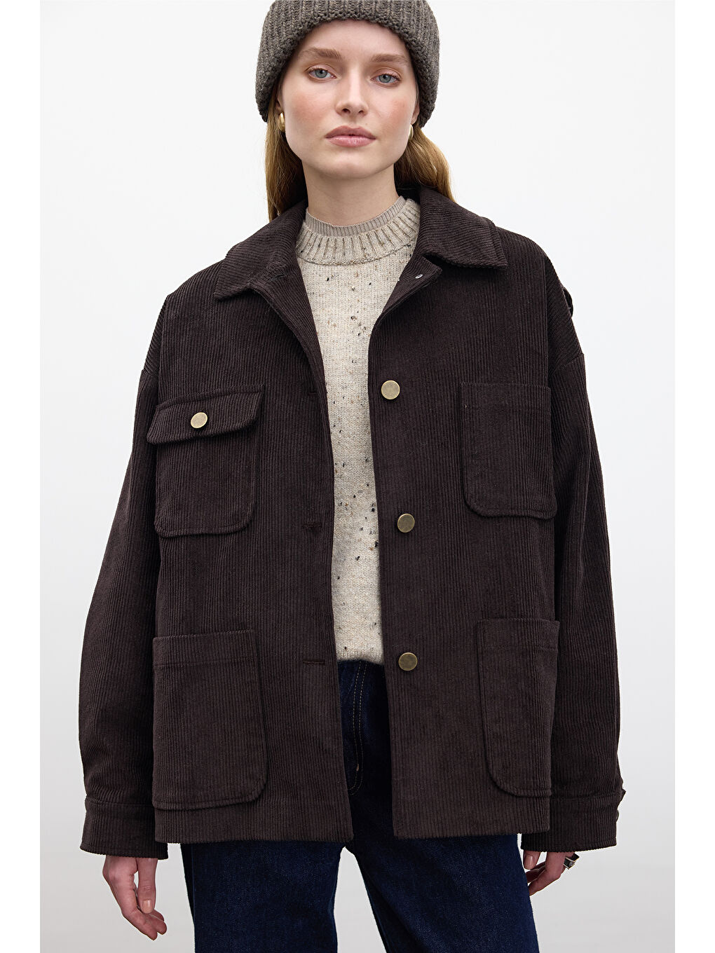 Kahverengi Fitilli Kadife Oversize Ceket Acı Kahve-1