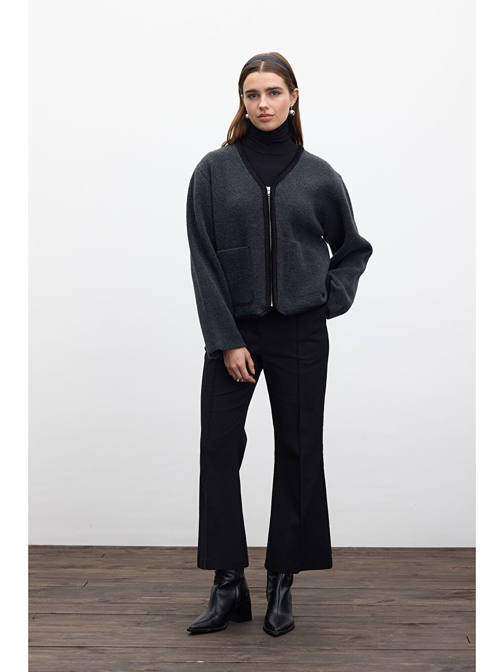 Siyah Düz Örgü Fermuarlı Triko Hırka Kömür-1