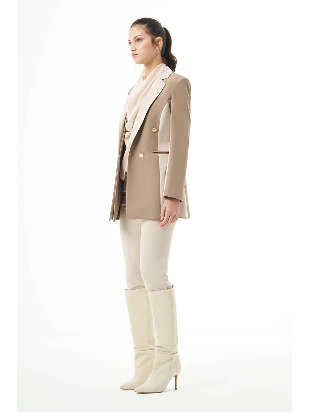 Tasarım Renk Bloklu Vizon-Bej Ceket-1