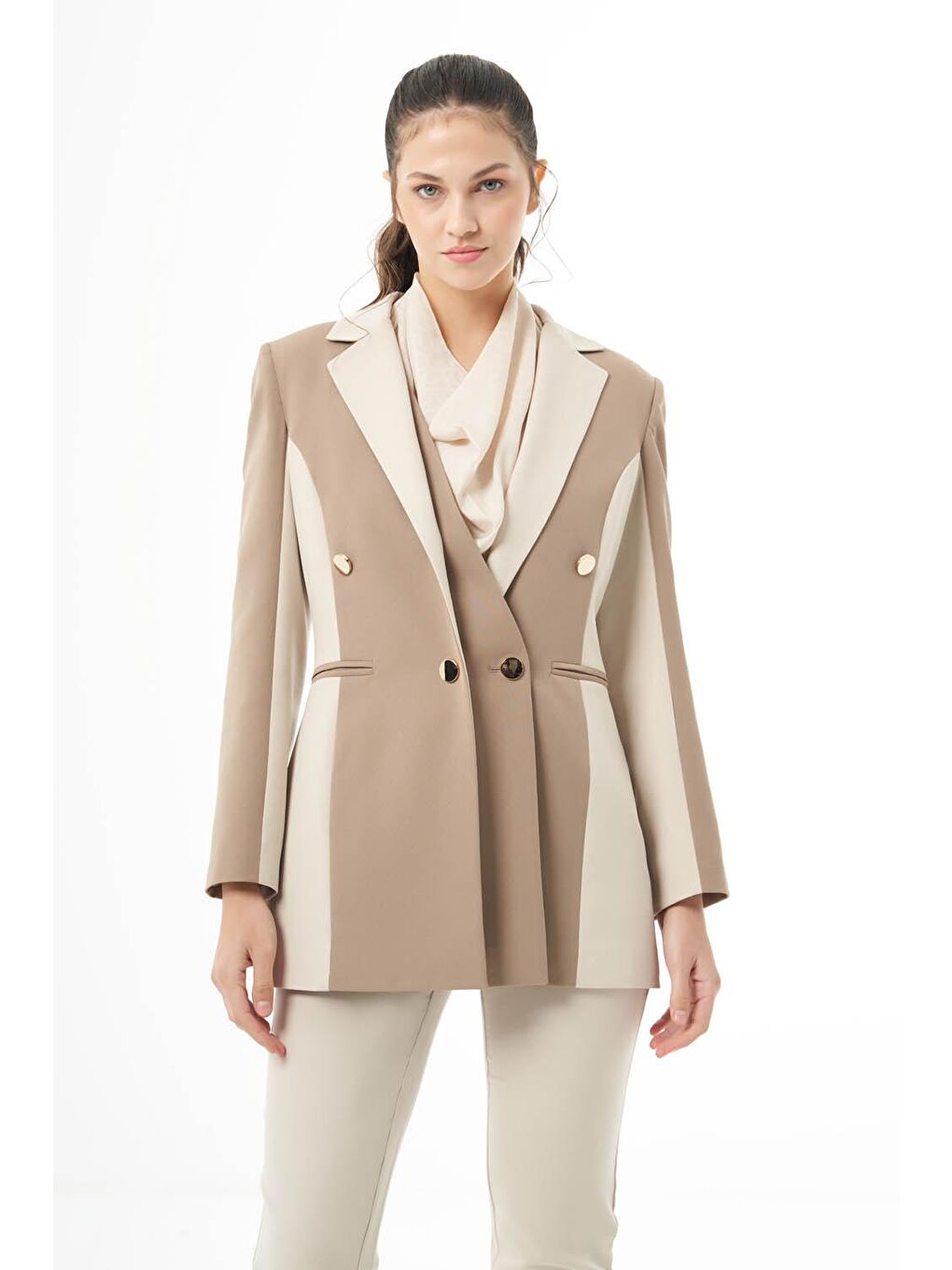 Tasarım Renk Bloklu Vizon-Bej Ceket-2