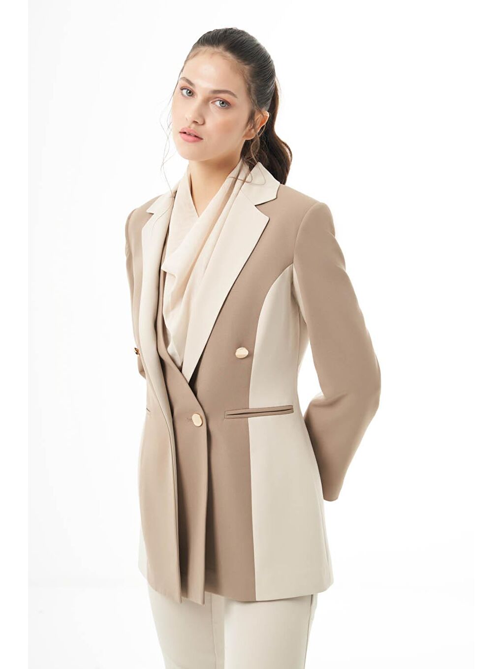 Tasarım Renk Bloklu Vizon-Bej Ceket-3