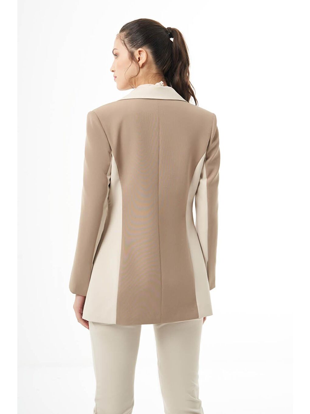 Tasarım Renk Bloklu Vizon-Bej Ceket-4