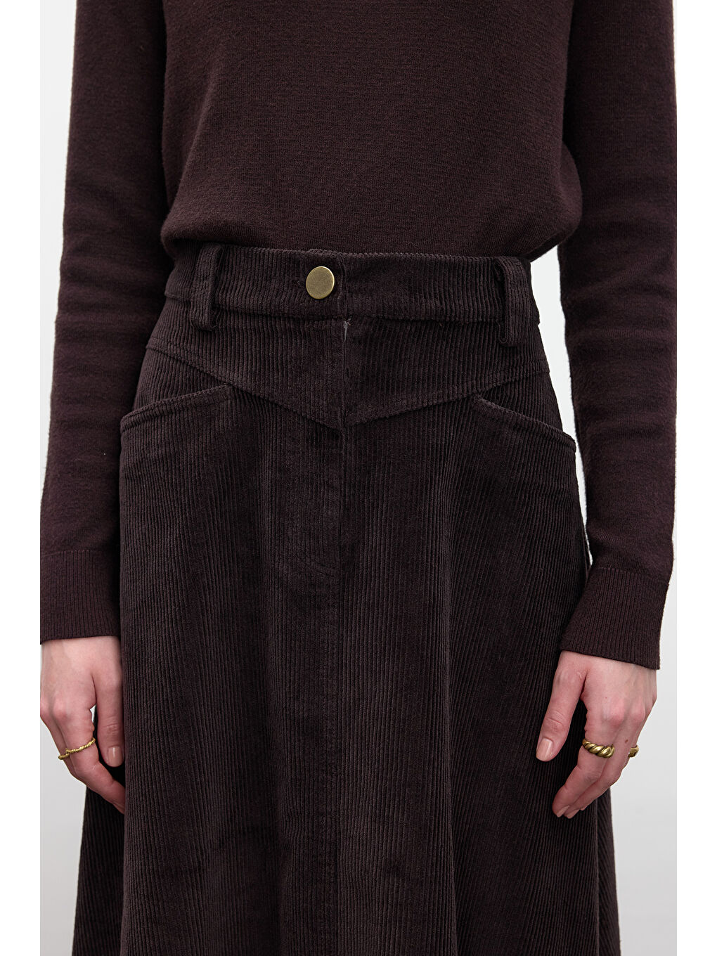 Kahverengi Fitilli Kadife Uzun Etek Acı Kahve-3