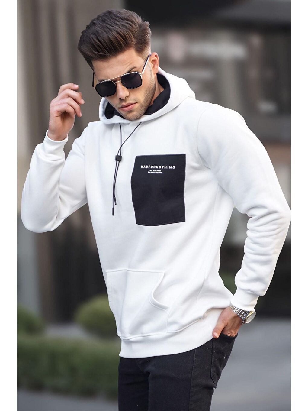 Madmext Ekru Baskılı kapüşonlu Sweatshirt 6004