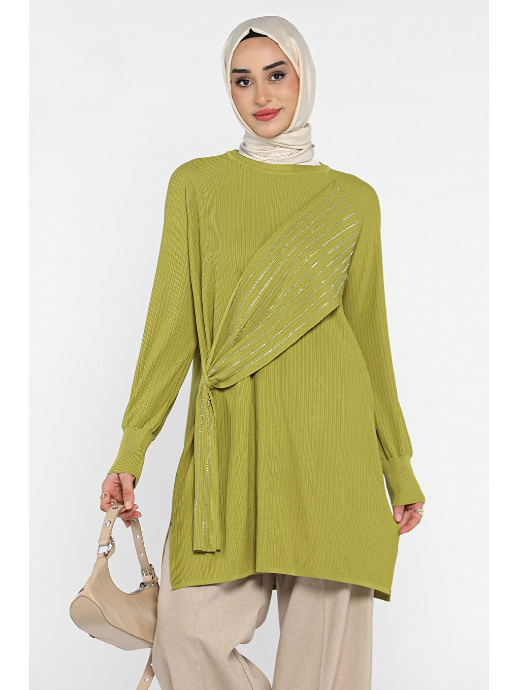 Yeşil Bisiklet Yaka Taş Detaylı Tesettür Tunik-1