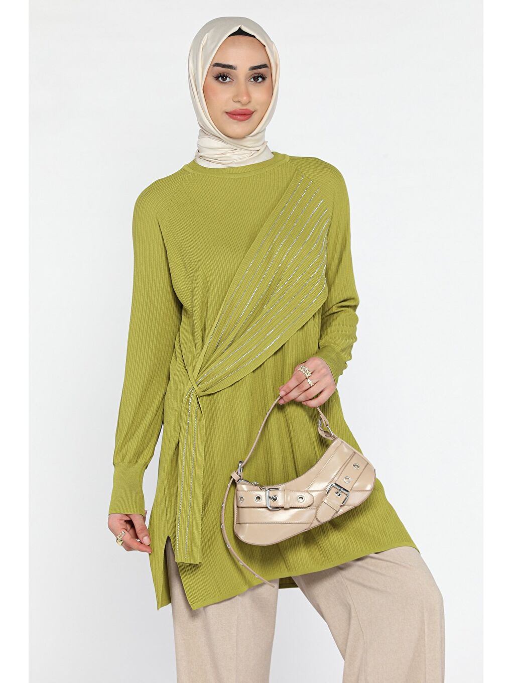 Yeşil Bisiklet Yaka Taş Detaylı Tesettür Tunik-3