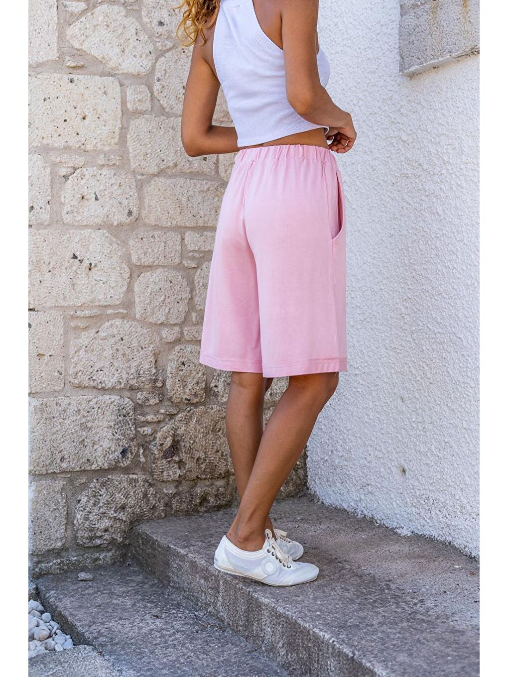 Pembe Kadın Pudra Duble Paça Yumuşak Dokulu Cepli Şort Bst3262-2