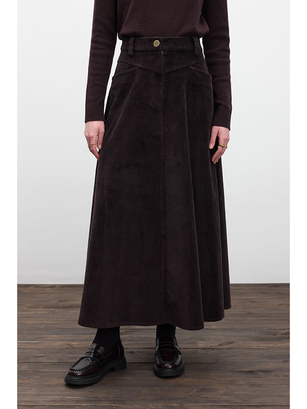 Kahverengi Fitilli Kadife Uzun Etek Acı Kahve-4