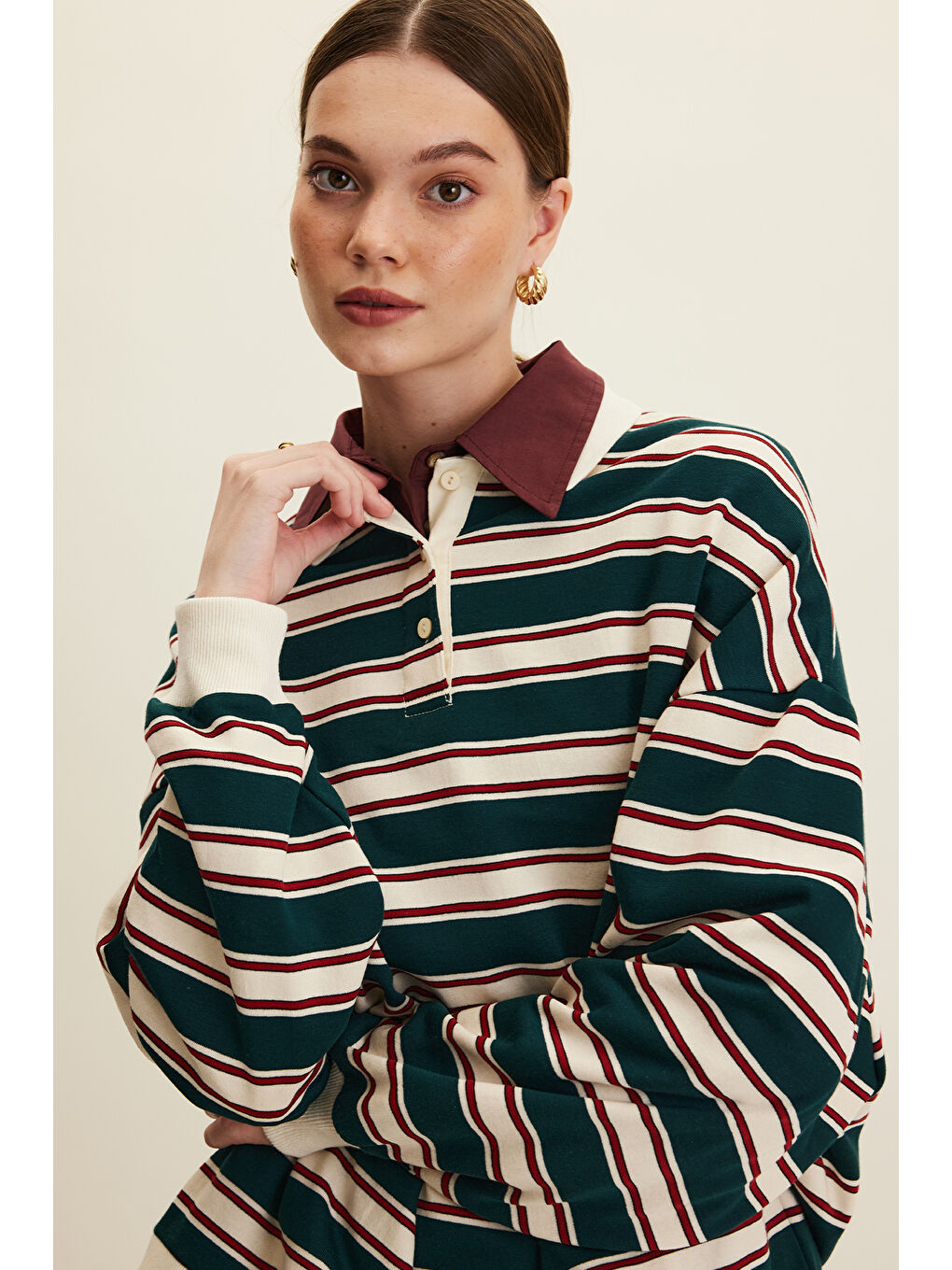 Polo Yaka Oversıze Sweatshırt Yeşil