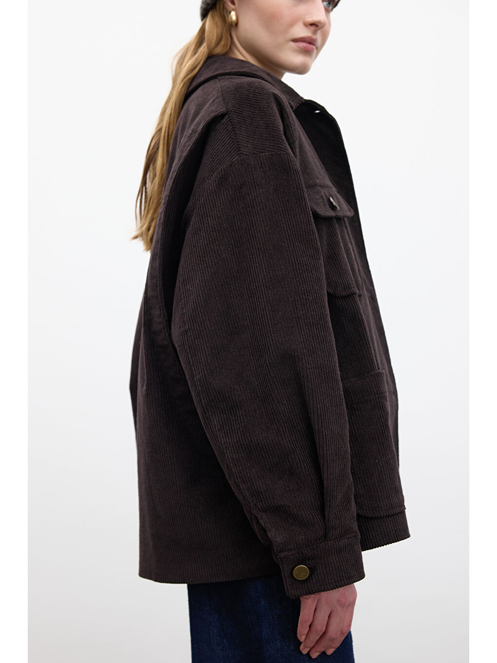 Kahverengi Fitilli Kadife Oversize Ceket Acı Kahve-4