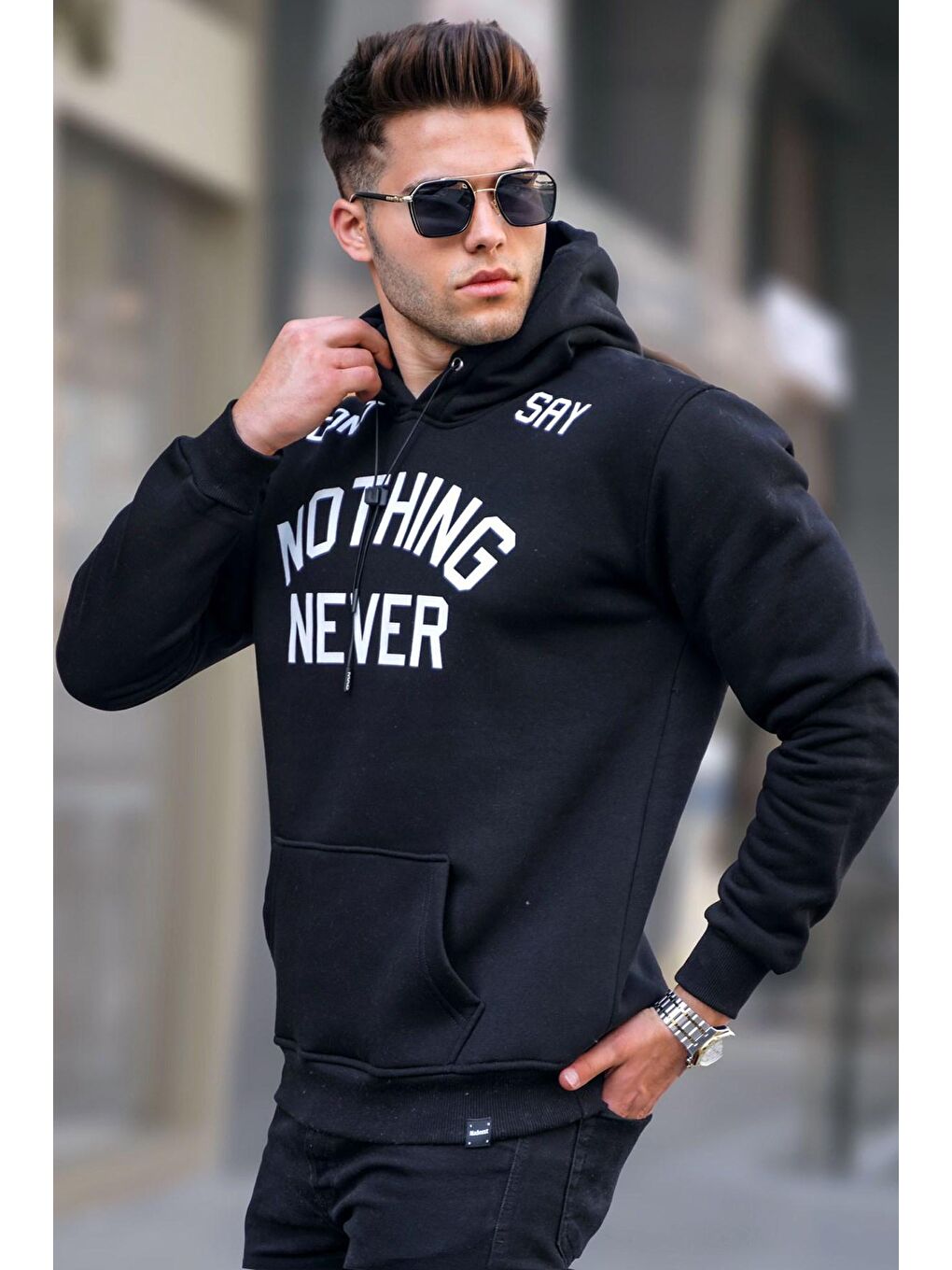 Siyah Baskılı Kapüşonlu Erkek Hoodie 5898