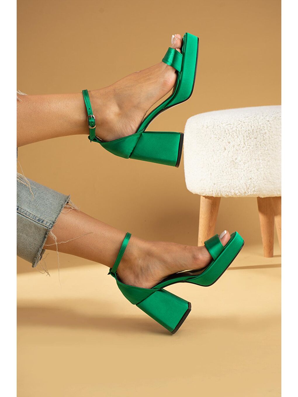Yeşil Kalın Topuklu Platform Taban Kadın Topuklu Ayakkabı 016-1402-23Saten-2