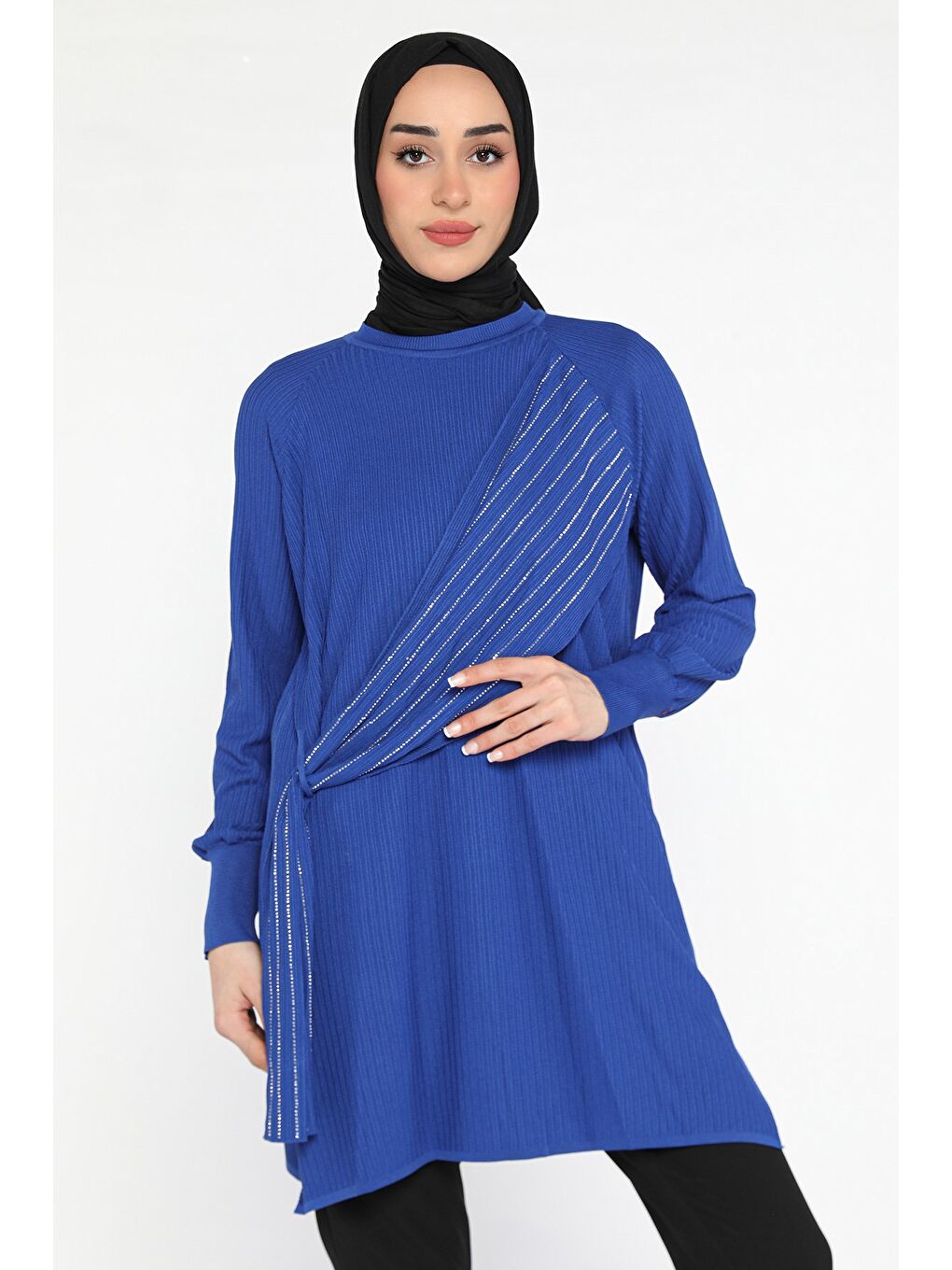 Mavi Bisiklet Yaka Taş Detaylı Tesettür Tunik-3