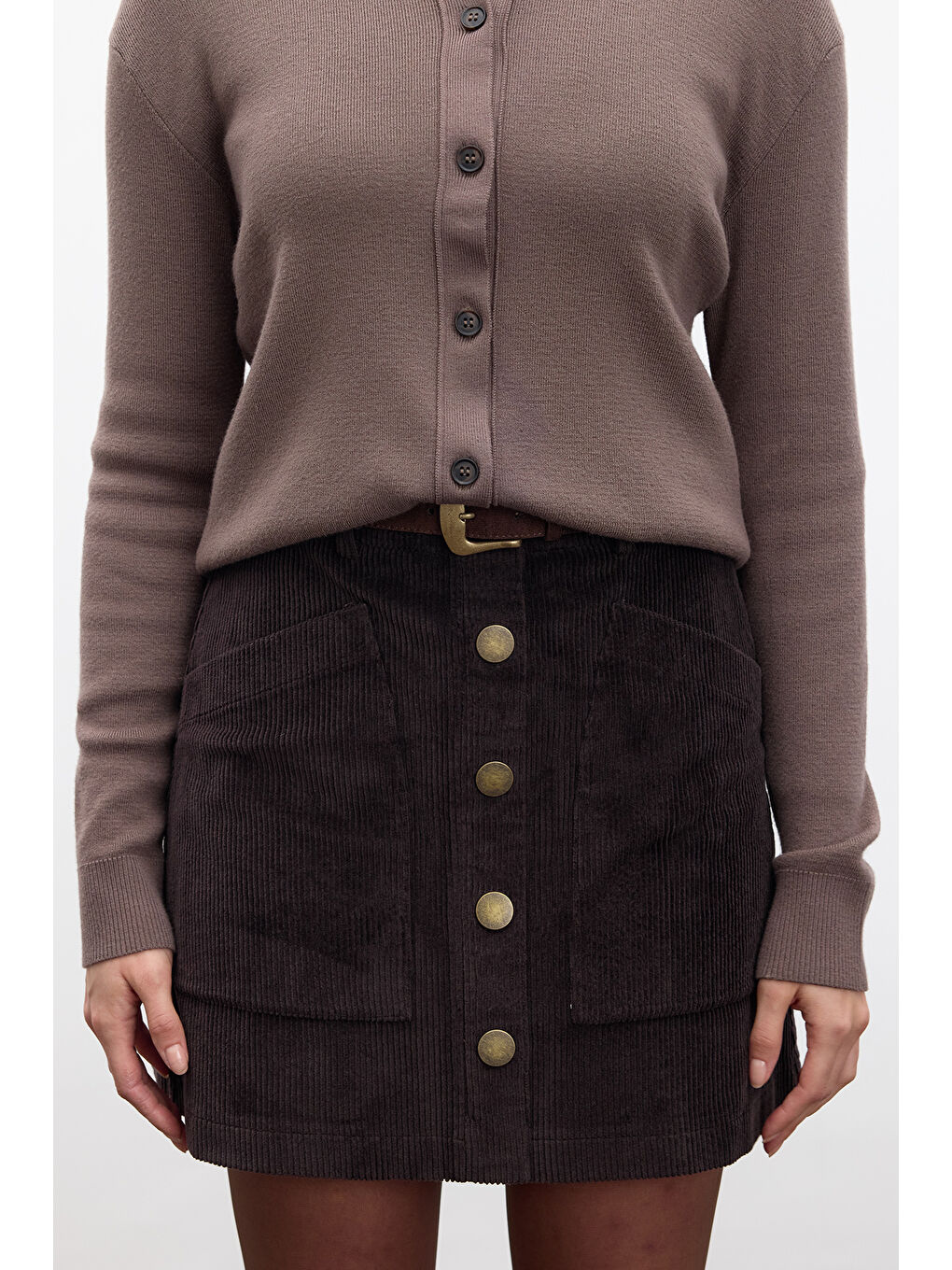 Kahverengi Fitilli Kadife Mini Etek Acı Kahve-1