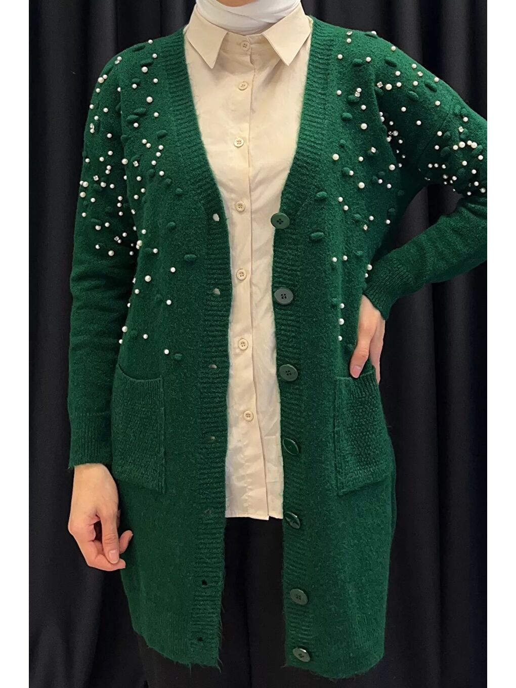 Yeşil İnci Detaylı Tesettür Triko Hırka-5