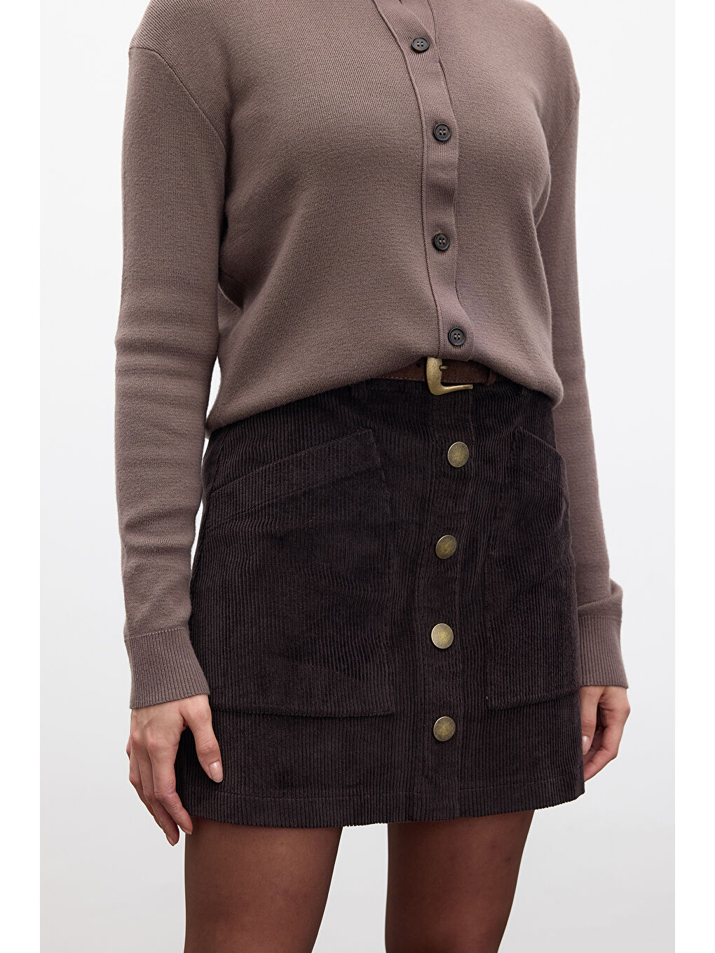 Kahverengi Fitilli Kadife Mini Etek Acı Kahve-2