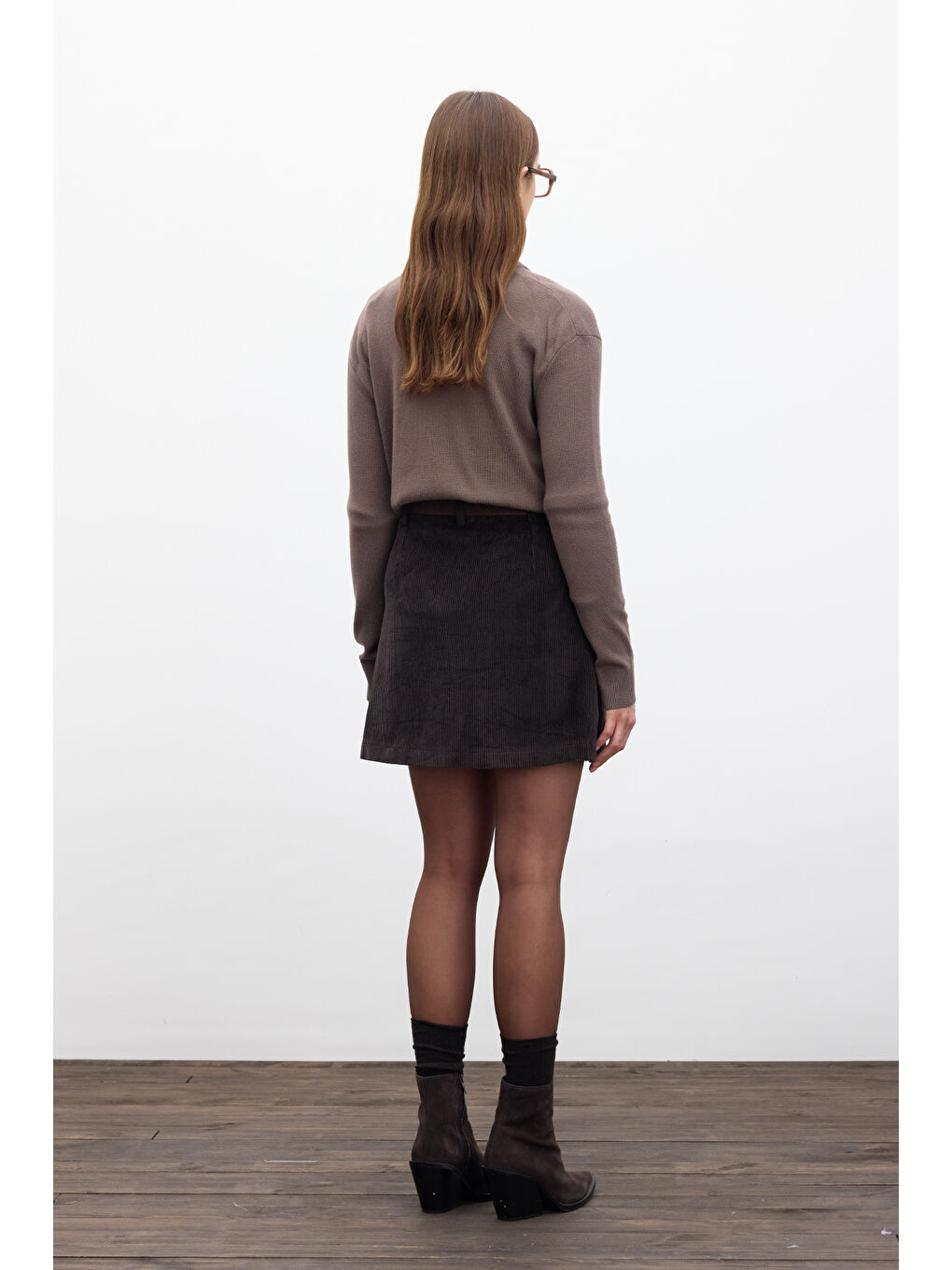 Kahverengi Fitilli Kadife Mini Etek Acı Kahve-3