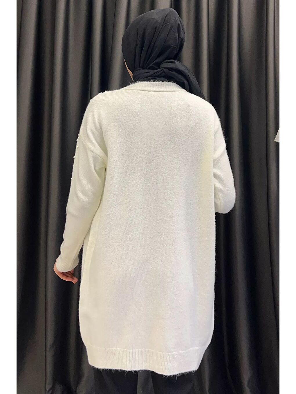 Ekru İnci Detaylı Tesettür Triko Hırka-7