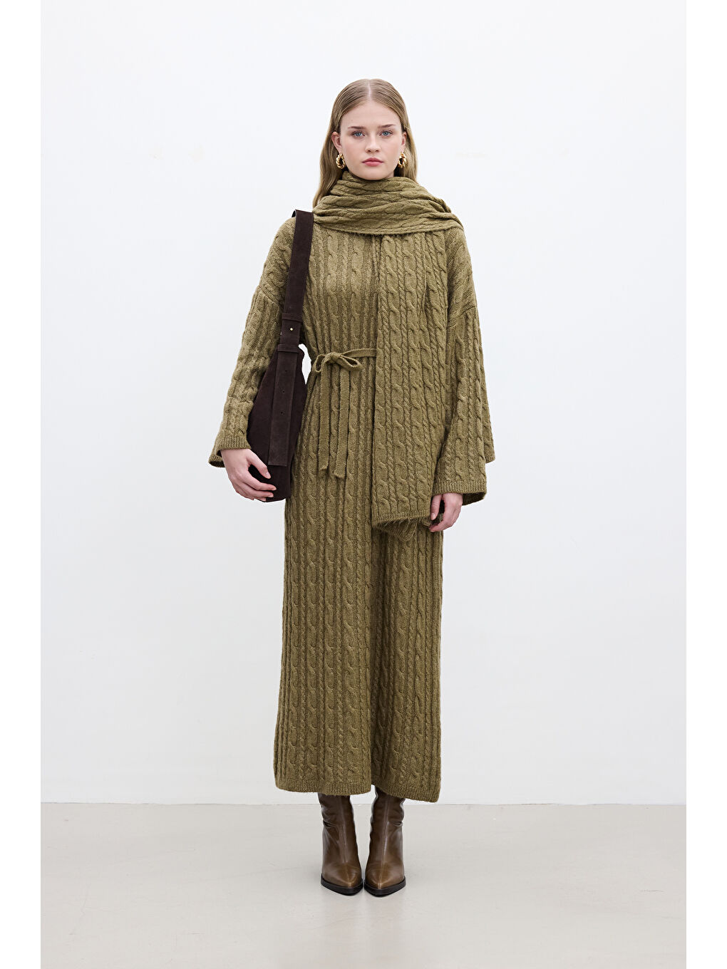 Kahverengi Saç Örgülü Triko Elbise Toprak-2