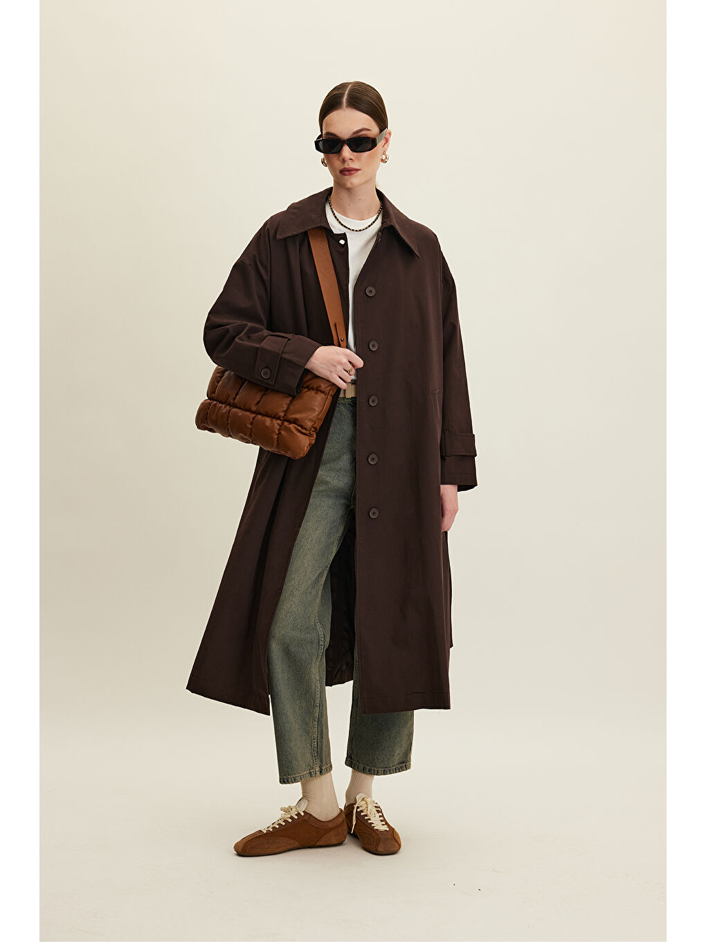 Kahverengi Kemerli Oversize Gabardin Trençkot Acı Kahve