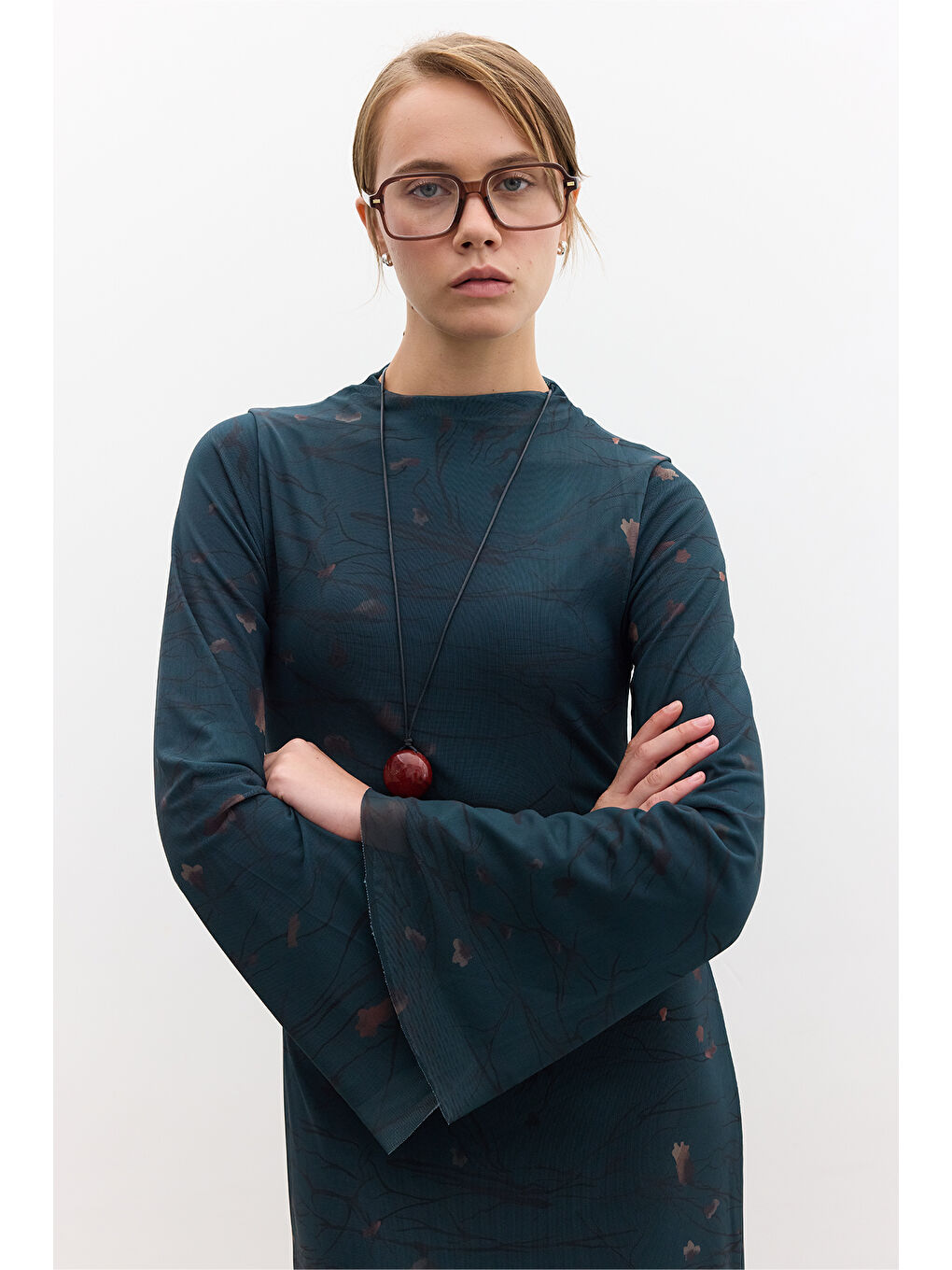 Renksiz Desenli Geniş Kol Tül Elbise Freesıa-1