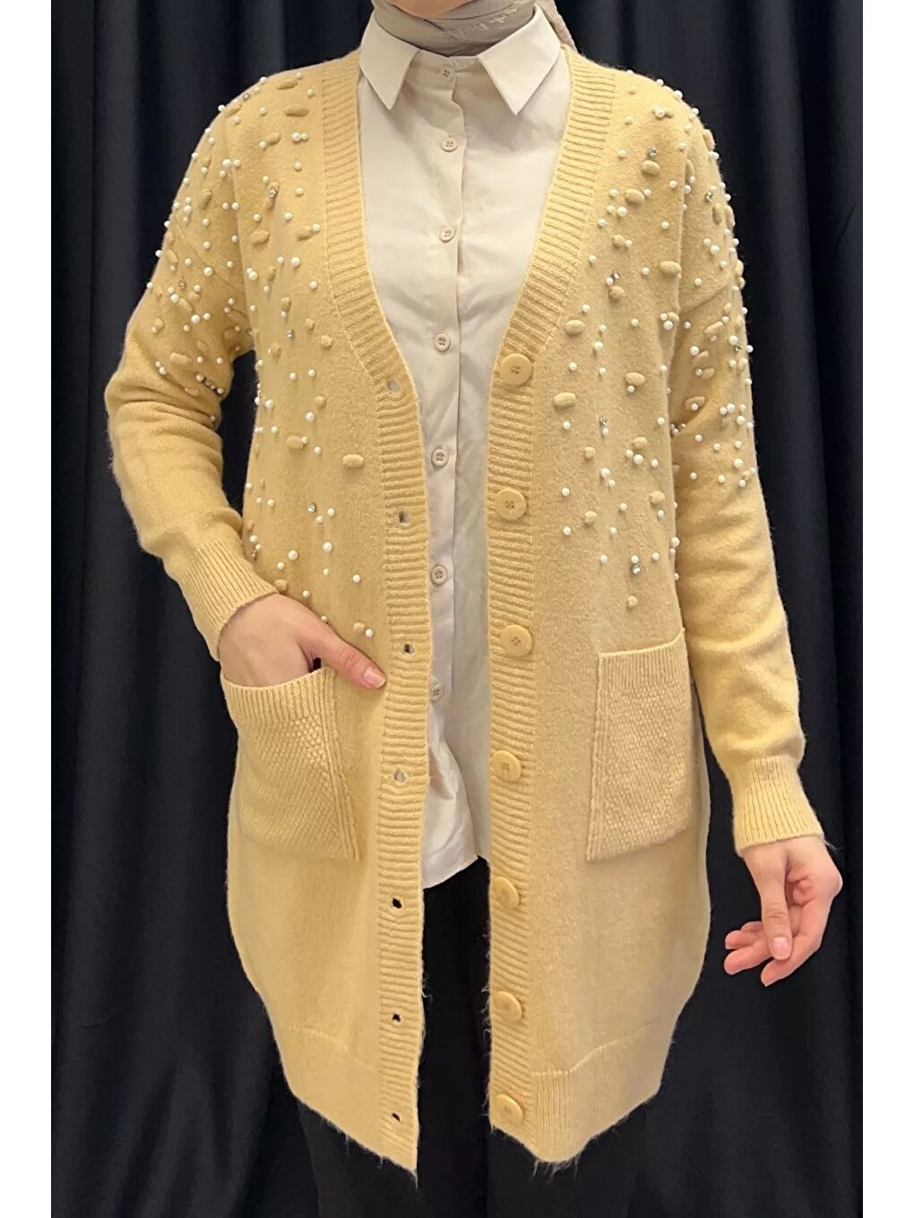 Bej İnci Detaylı Tesettür Triko Hırka-5