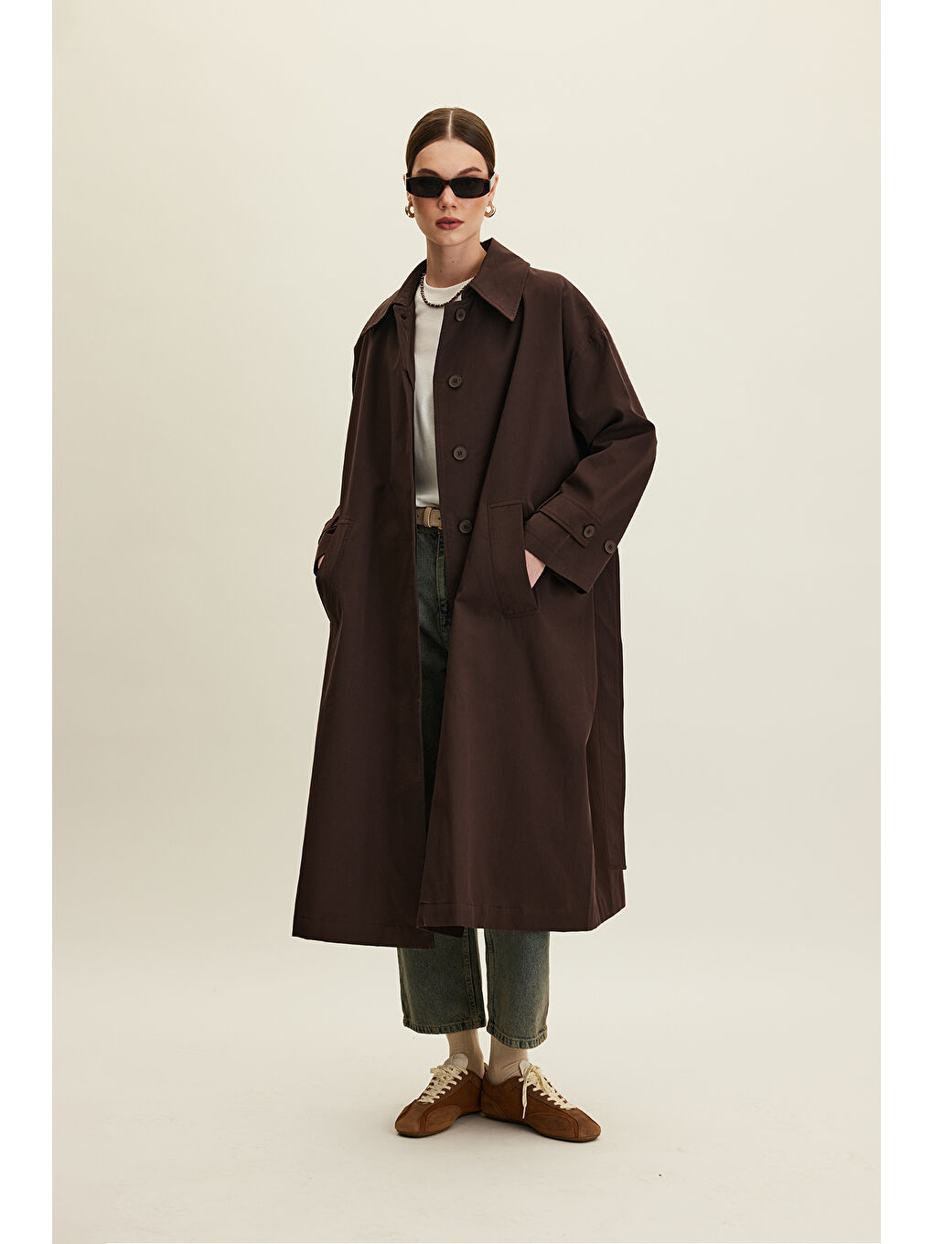 Kahverengi Kemerli Oversize Gabardin Trençkot Acı Kahve-1