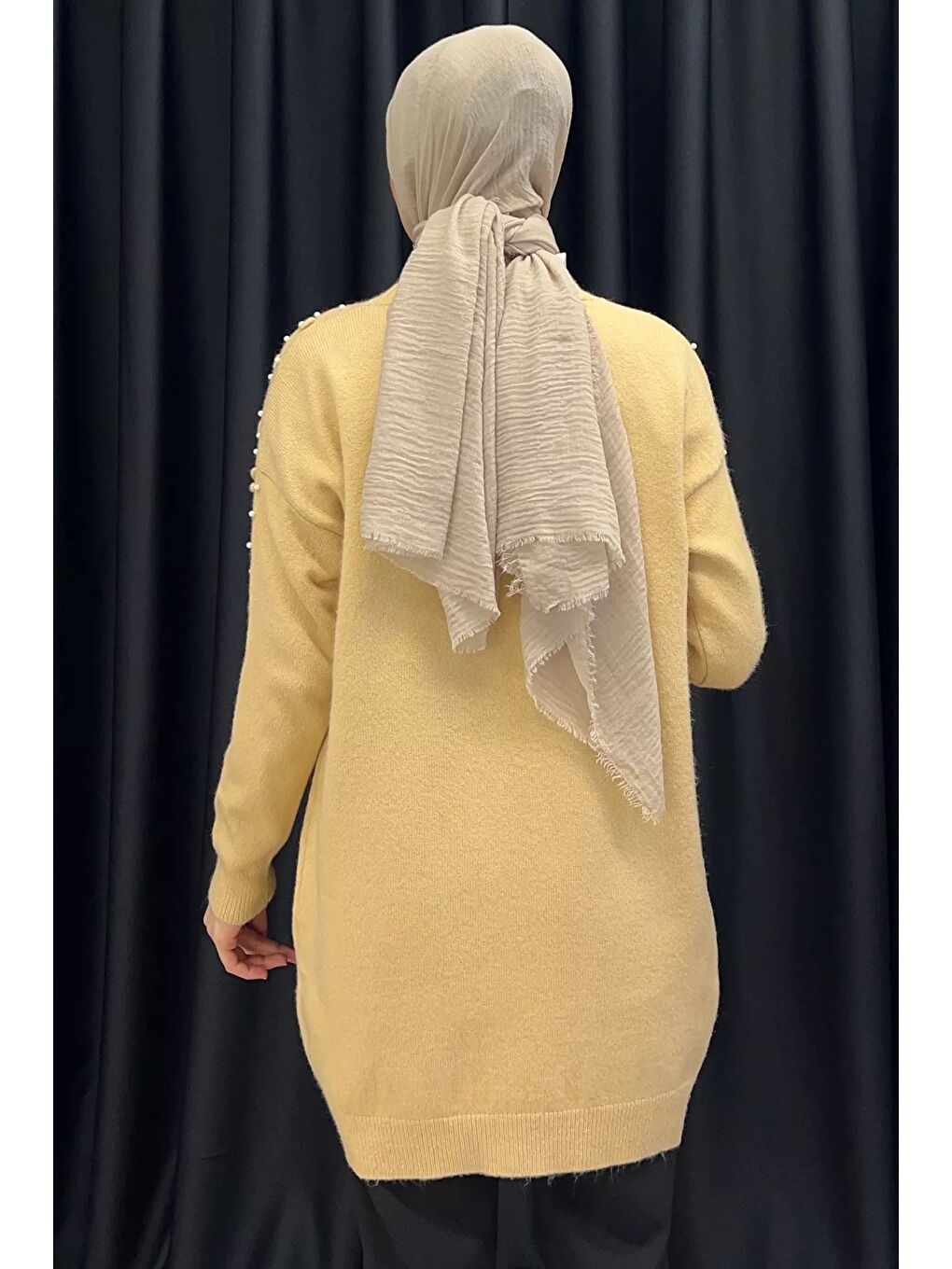 Bej İnci Detaylı Tesettür Triko Hırka-6