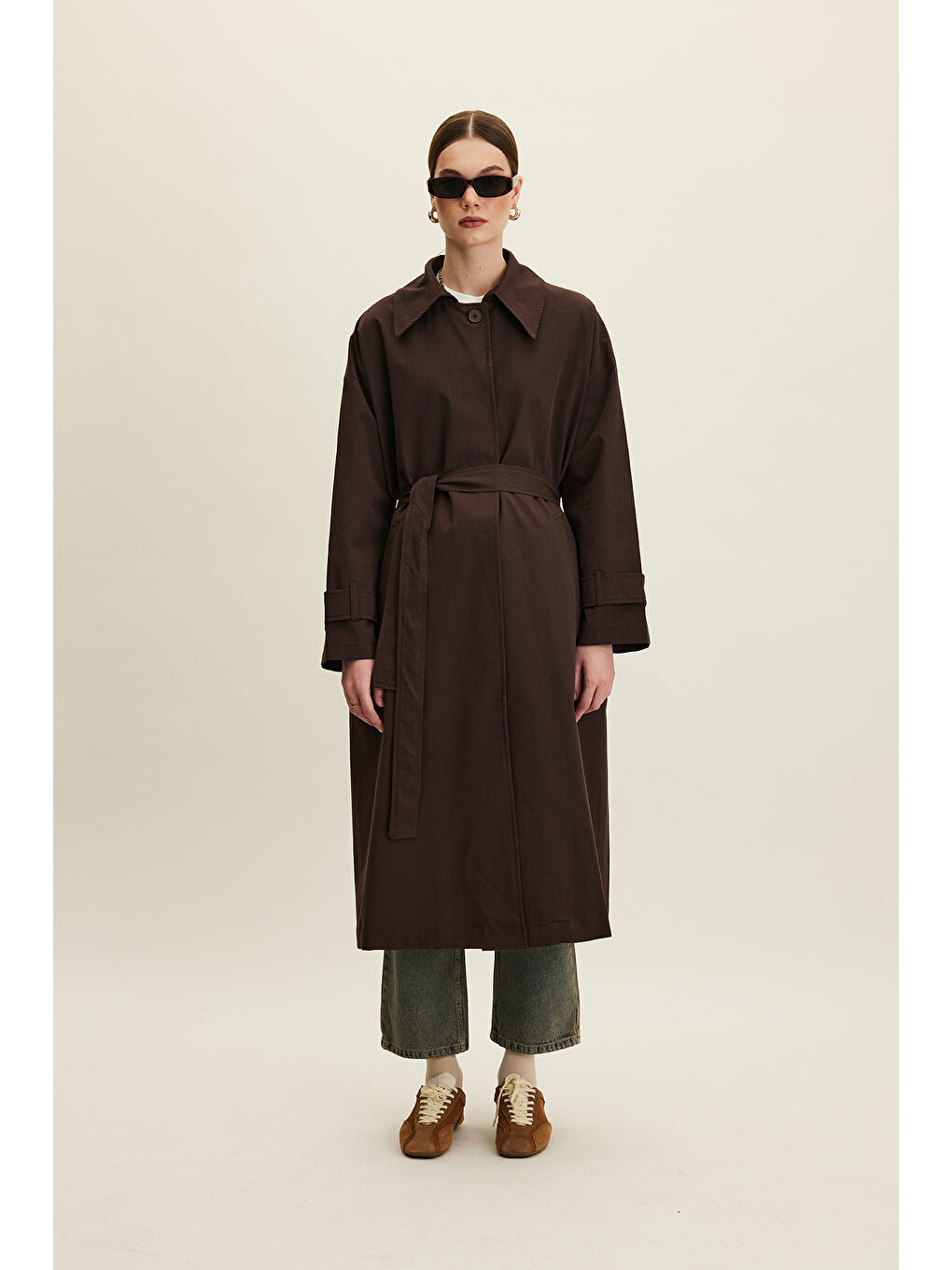 Kahverengi Kemerli Oversize Gabardin Trençkot Acı Kahve-2