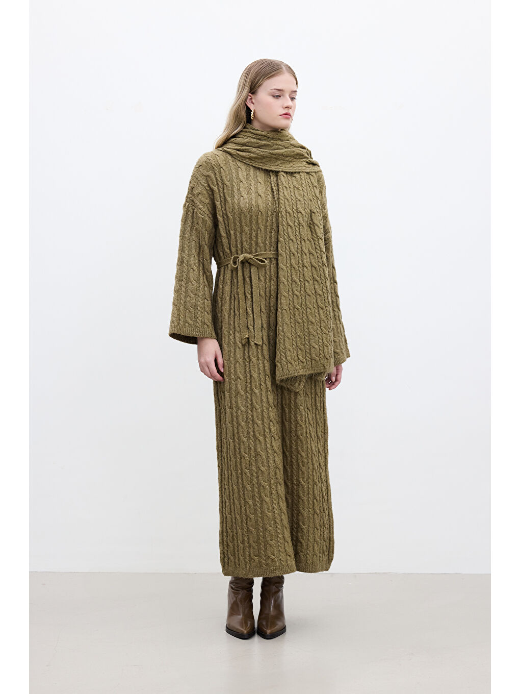 Kahverengi Saç Örgülü Triko Elbise Toprak-4