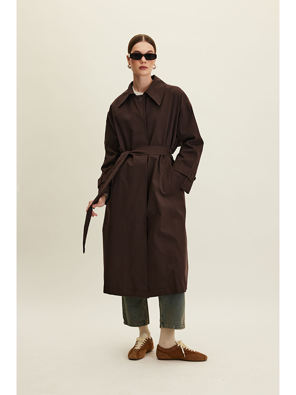 Kahverengi Kemerli Oversize Gabardin Trençkot Acı Kahve-3