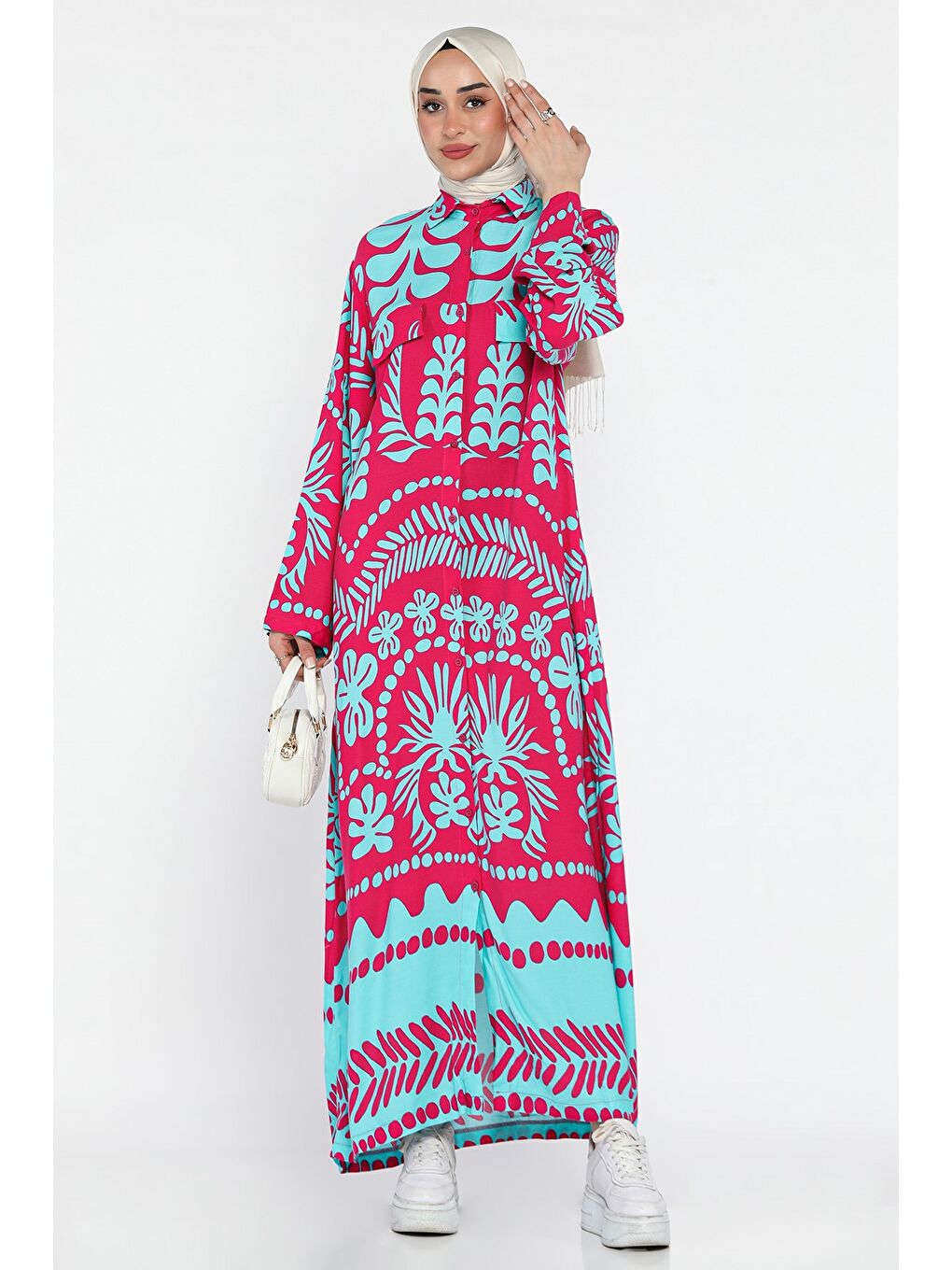 Fuşya Boydan Düğmeli Desenli Tesettür Viskon Elbise-1