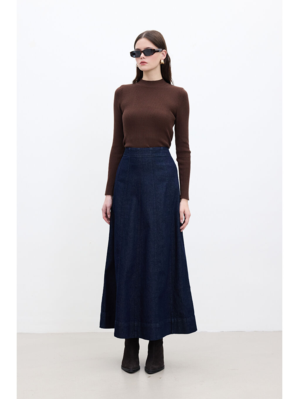 Karışık Denim Volanlı Etek Derin Mavi-3