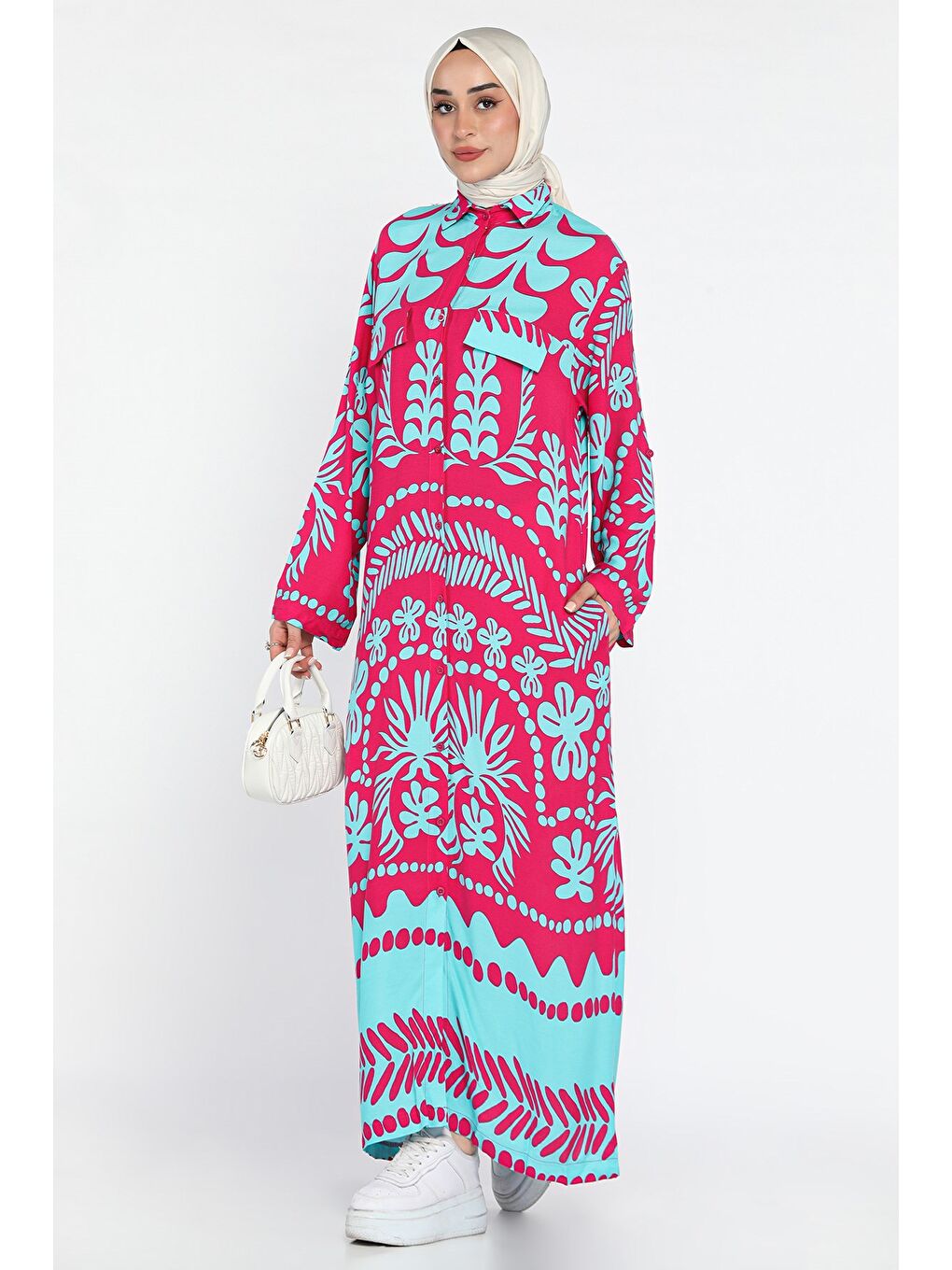 Fuşya Boydan Düğmeli Desenli Tesettür Viskon Elbise-2
