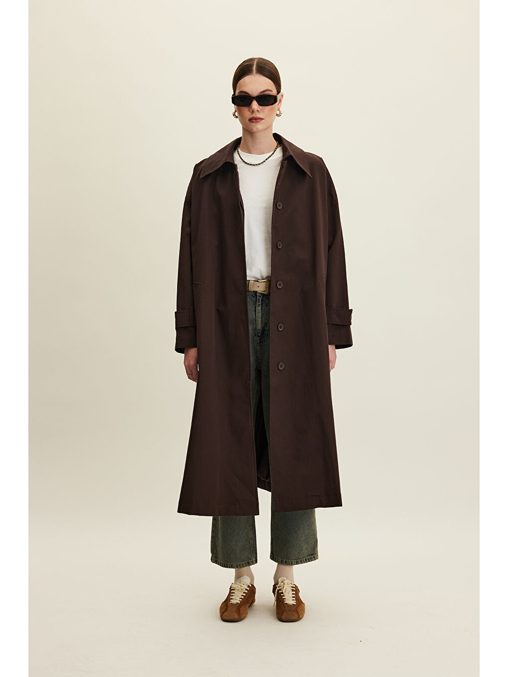 Kahverengi Kemerli Oversize Gabardin Trençkot Acı Kahve-4