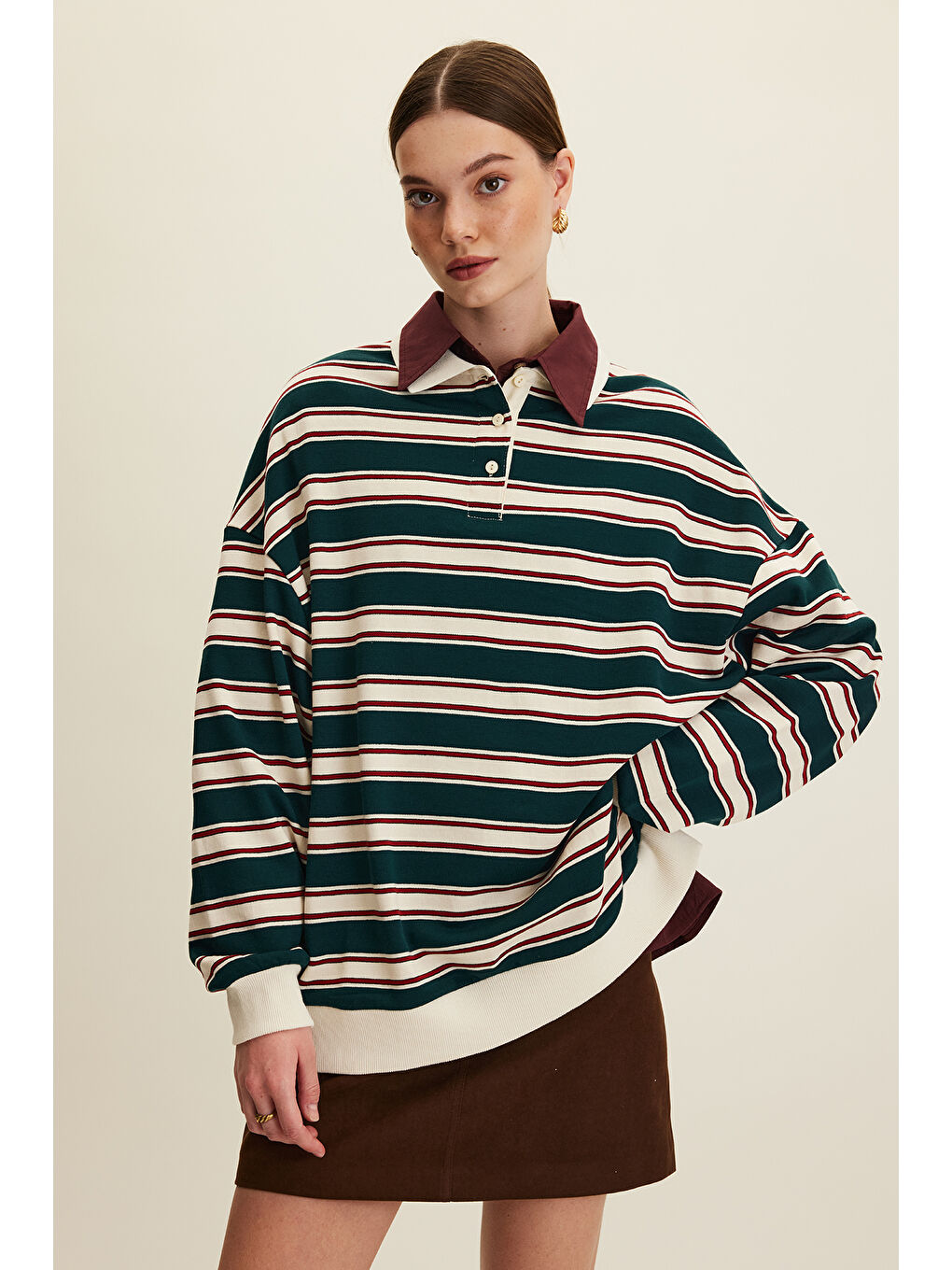 Polo Yaka Oversıze Sweatshırt Yeşil-2