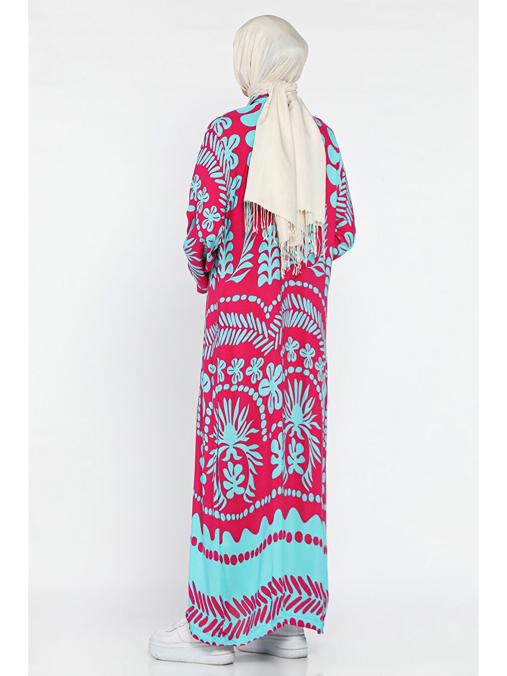 Fuşya Boydan Düğmeli Desenli Tesettür Viskon Elbise-5