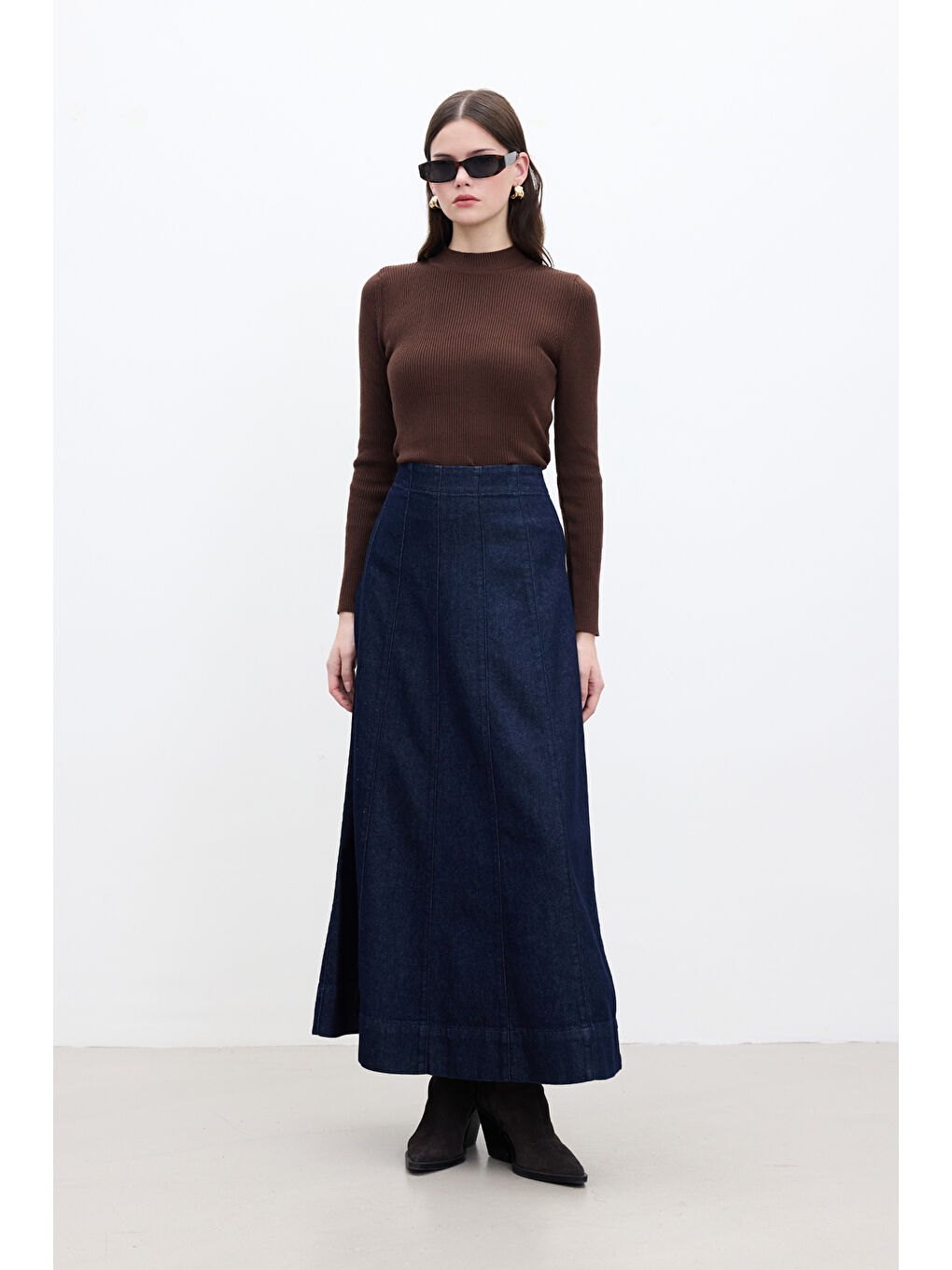 Karışık Denim Volanlı Etek Derin Mavi-4