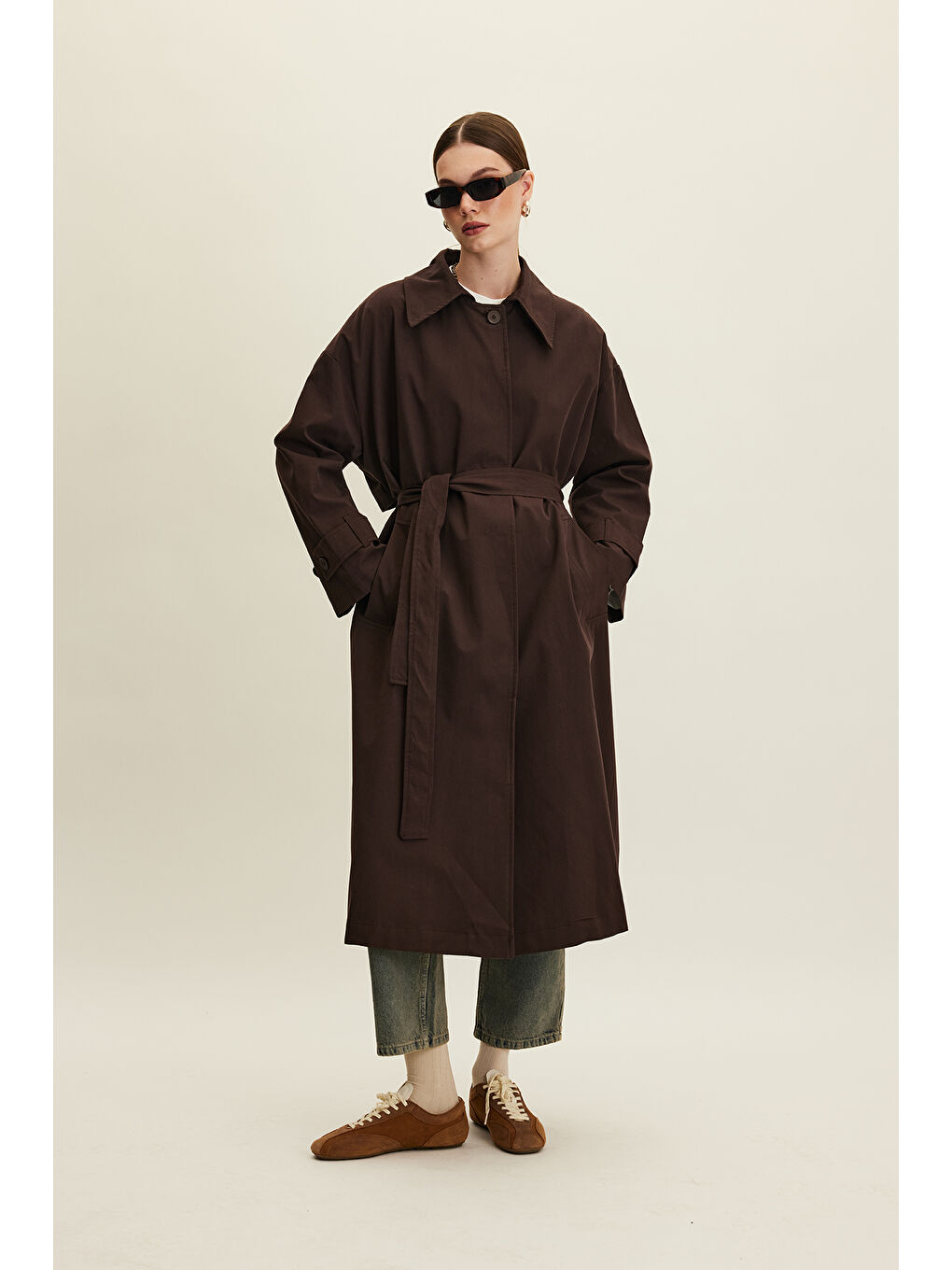 Kahverengi Kemerli Oversize Gabardin Trençkot Acı Kahve-5