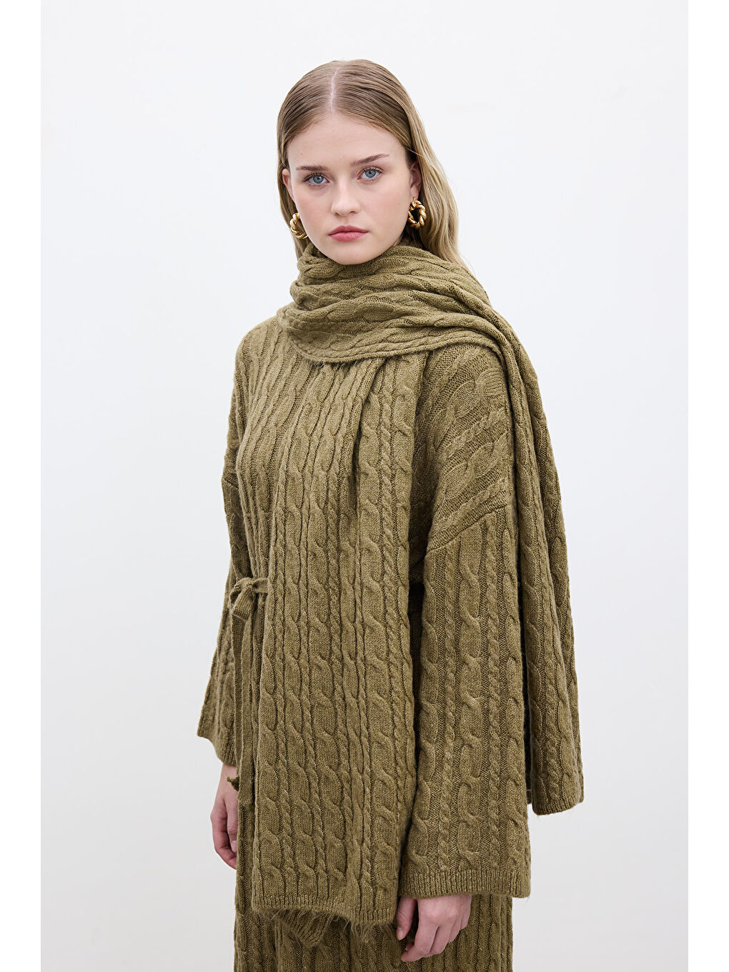 Kahverengi Saç Örgülü Triko Elbise Toprak-6